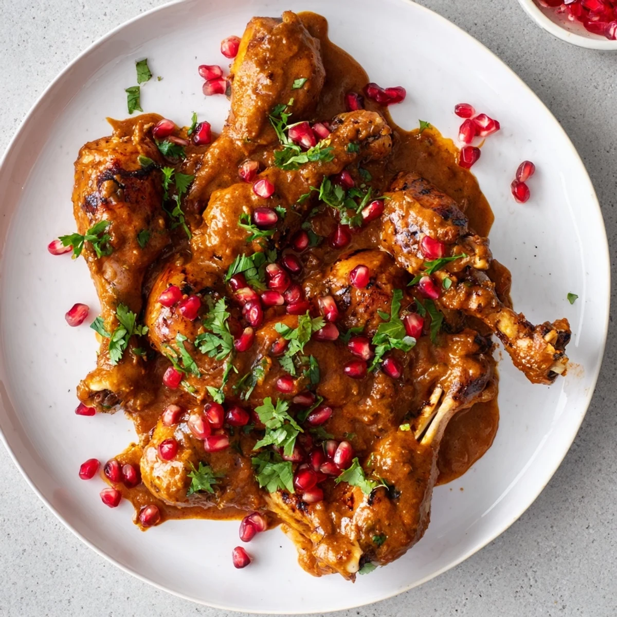A close-up of hearty Pomegranate Walnut Fesenjan stew, stewed chicken in rich pomegranate sauce and herbs.