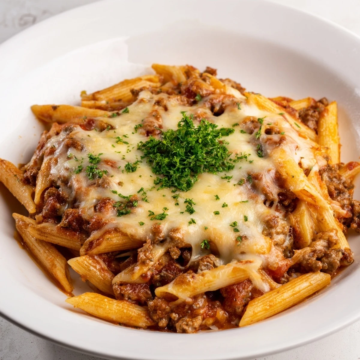 A bubbling, golden-brown Budget Sausage and Cheese Pasta Bake ready to be enjoyed with family.