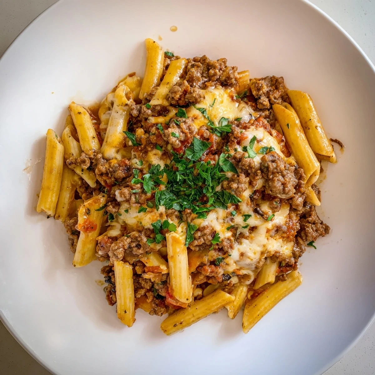 Warm and comforting, a baked dish of Budget Sausage and Cheese Pasta Bake with fresh parsley garnish.