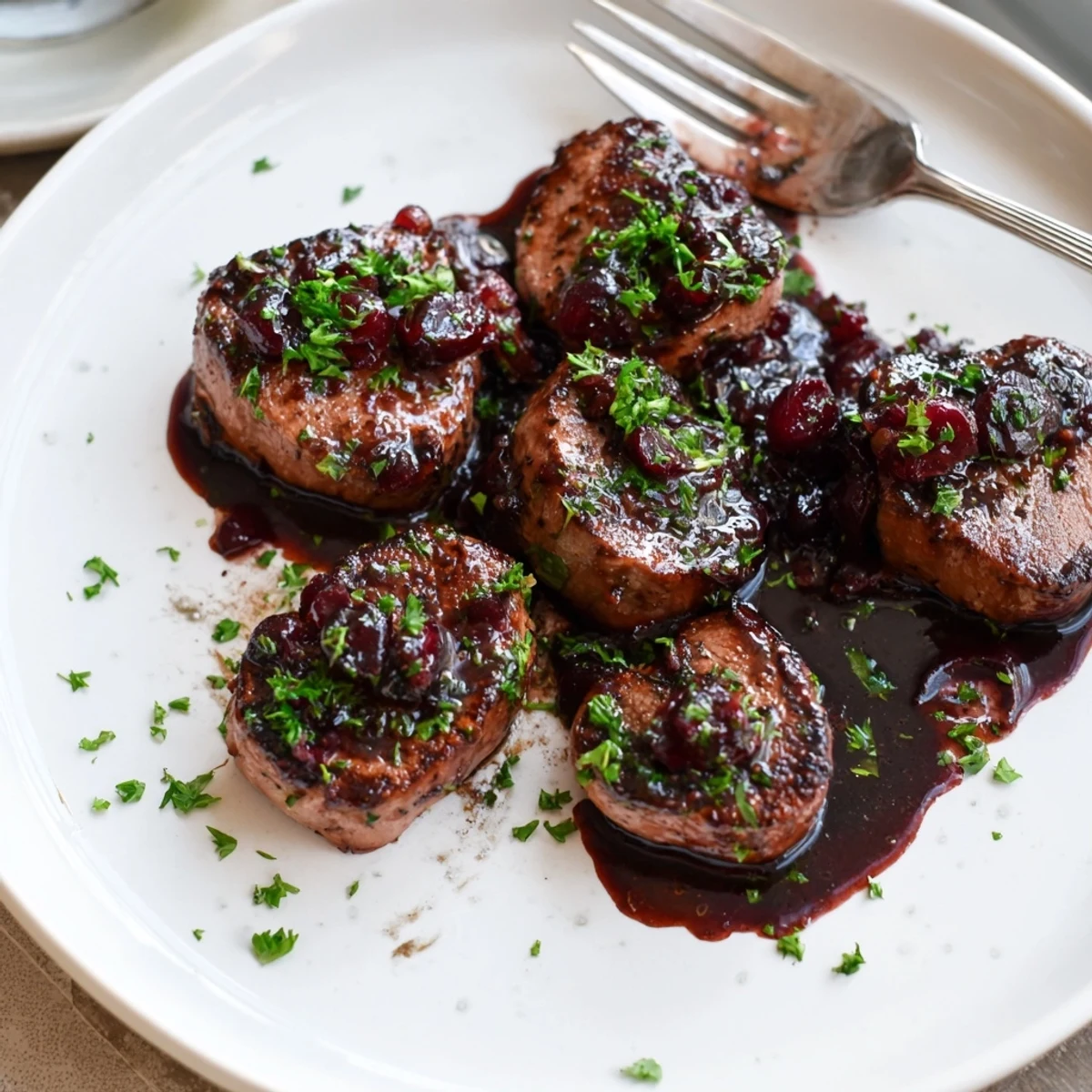 Roasted Tart Cherry Date Glazed Pork Tenderloin with a deep red, caramelised glaze, ready to serve and enjoy.