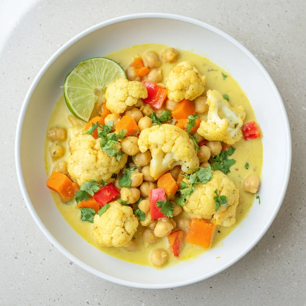 Spoonful of flavorful curried cauliflower and chickpea stew, perfect for chilly evenings.