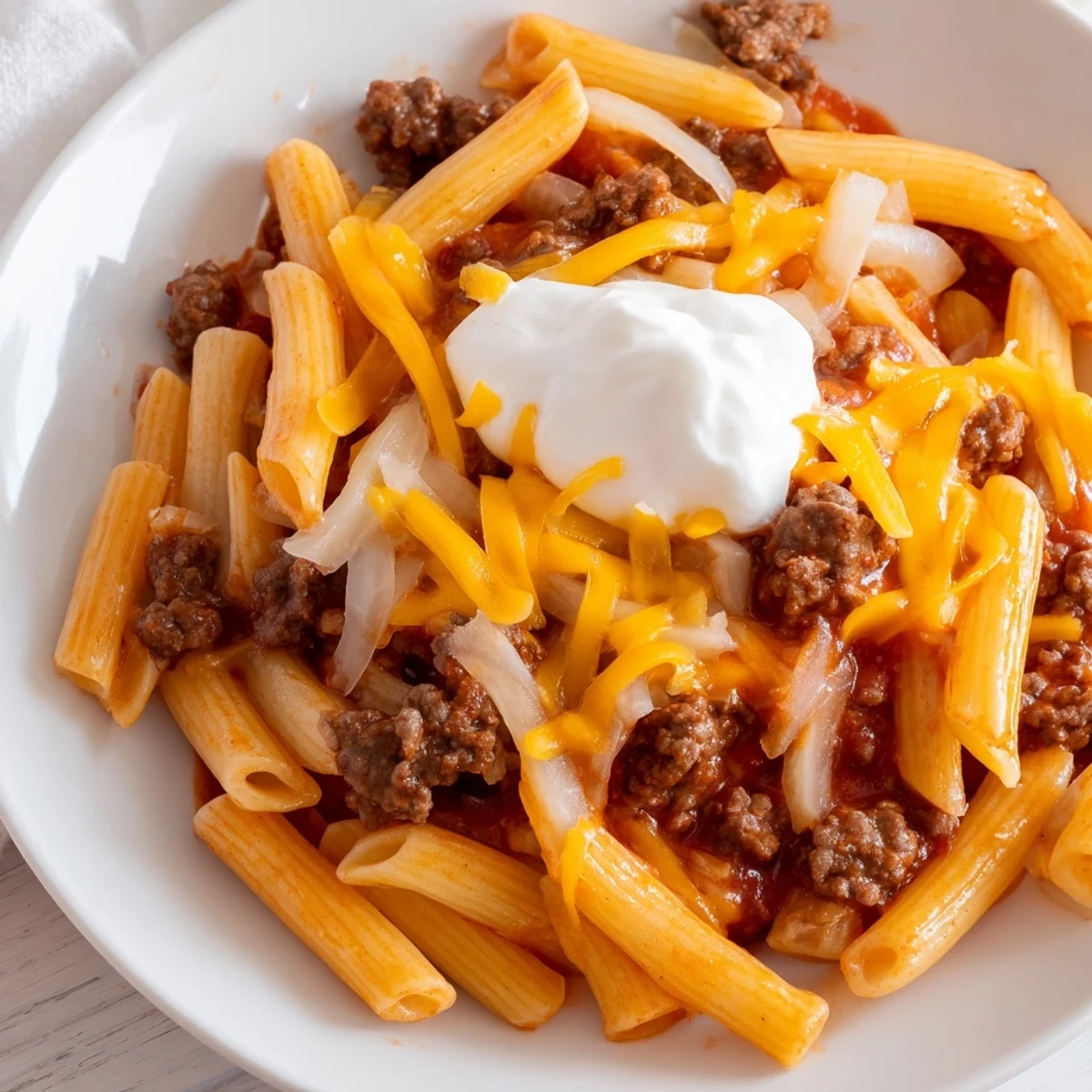 A bubbling skillet of Easy Beef Enchilada Pasta is ready to serve with sour cream and cheese.