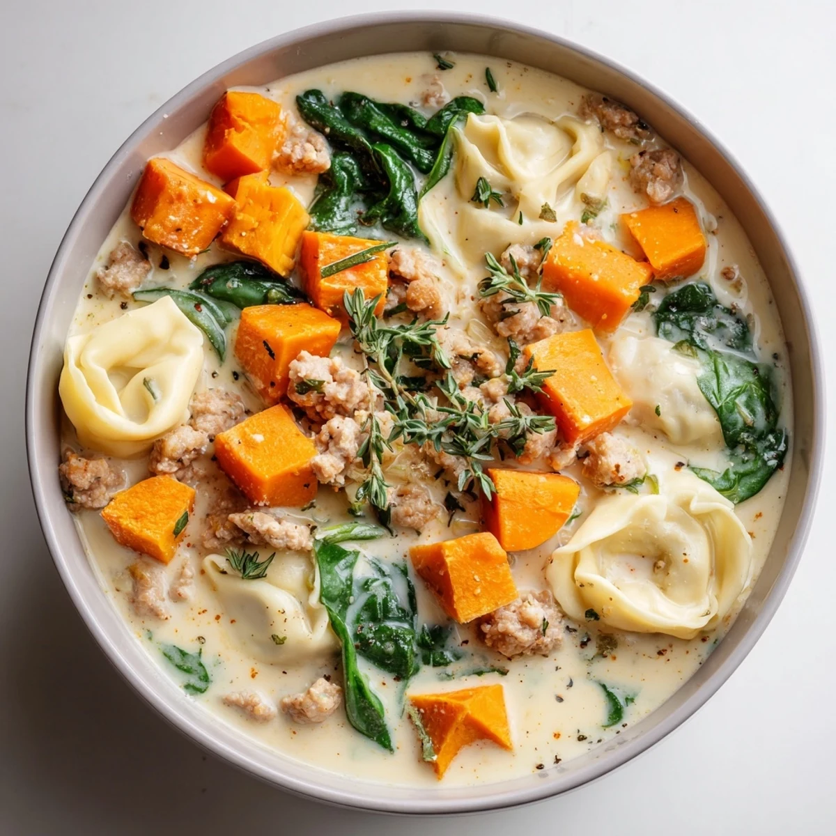 Creamy Sausage Tortellini Soup simmering with sweet potatoes and fresh spinach, a hearty Italian-American dish.