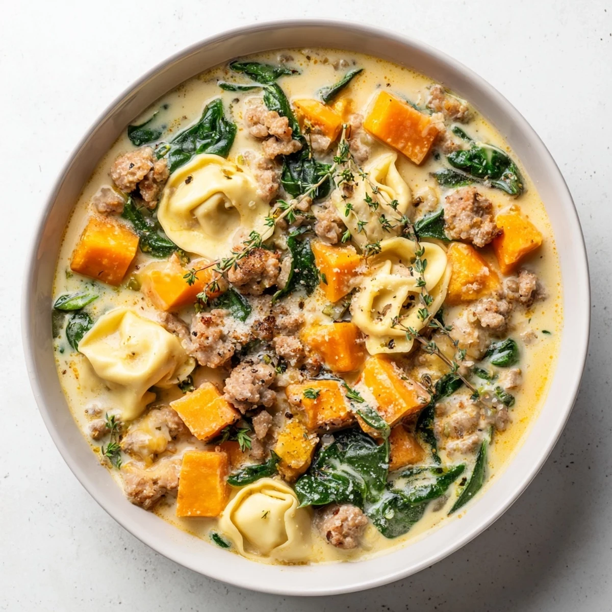 Warm, inviting photo of Creamy Sausage Tortellini Soup, perfect for a cozy, chilly evening meal.