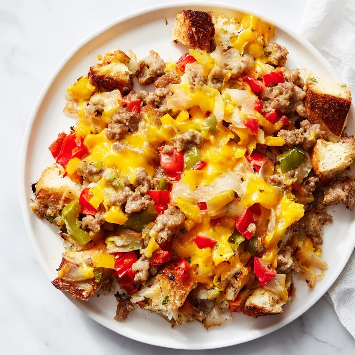 Golden-brown Lightning-Fast Breakfast Sausage Casserole, a savory breakfast bake with bubbly cheese top.