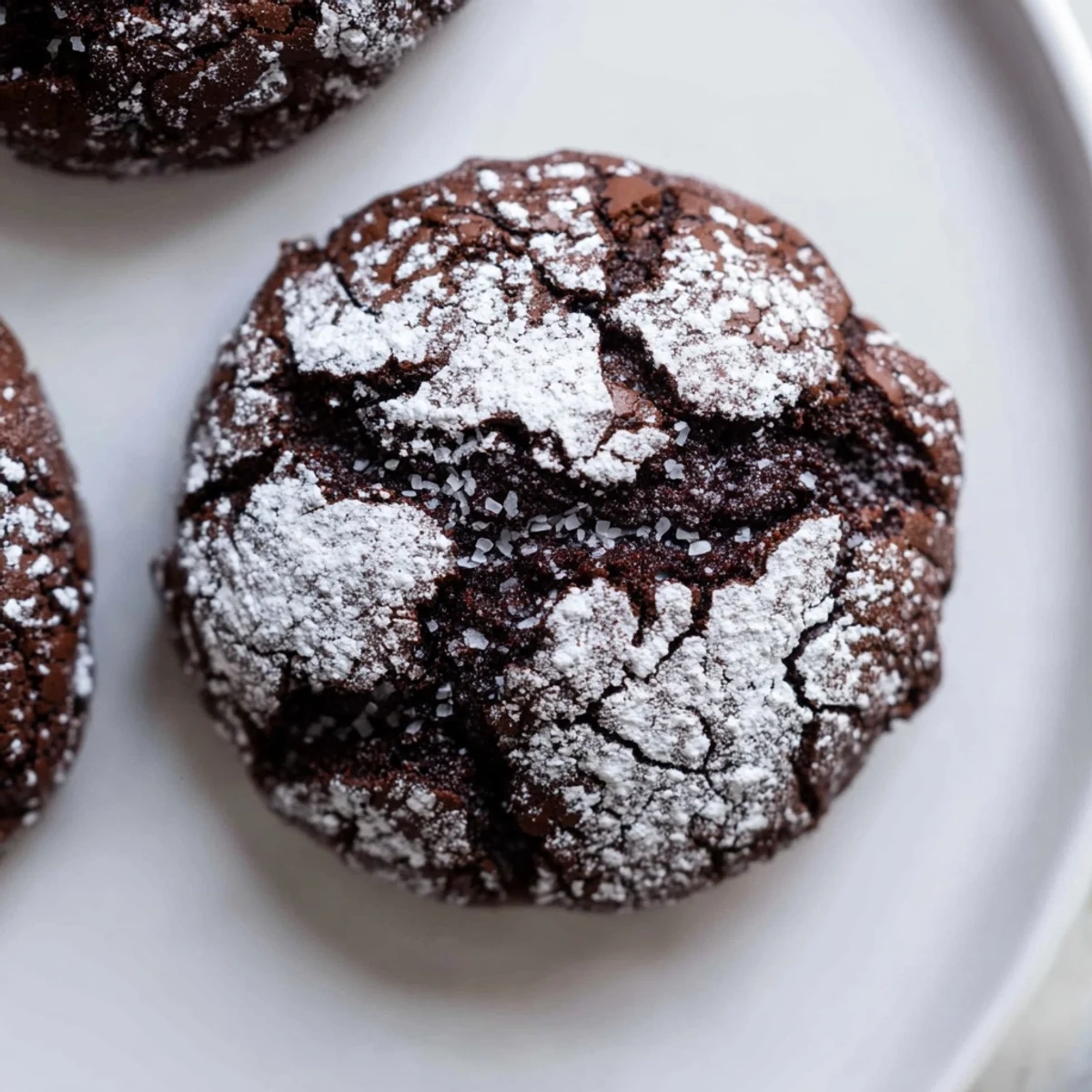 Fudgy, crinkled Air-Fried Chocolate Crinkle Cookies dusted with powdered sugar, ready to savor.