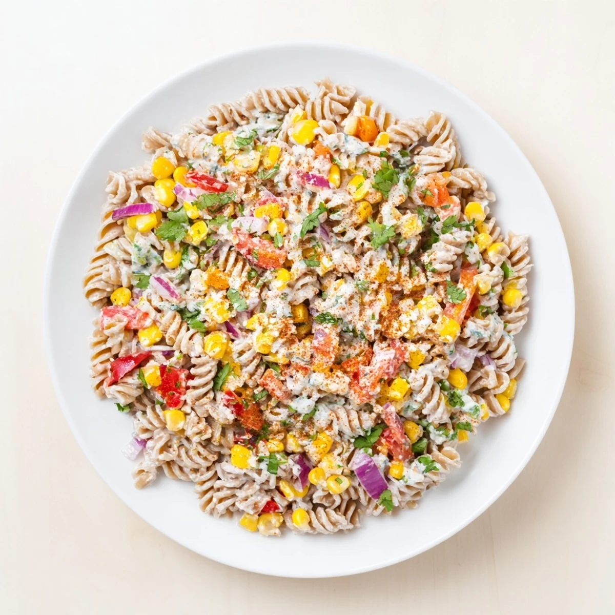 A close-up view of Healthier Mexican Street Corn Pasta Salad, perfect for a summer BBQ side dish.