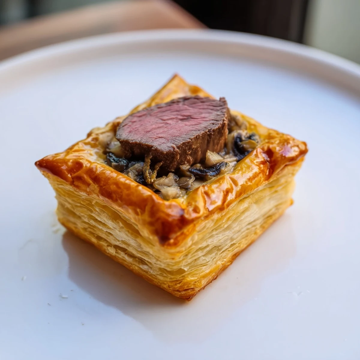 Close-up of fully baked Simplified Christmas Beef Wellington Bites, showing the rich, savory filling and crispy pastry.