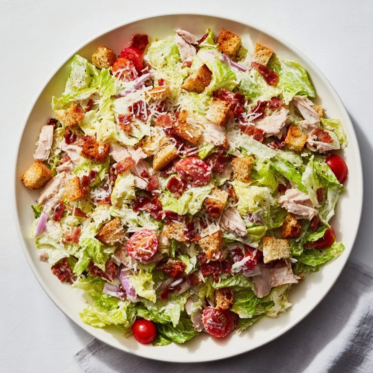 Savory Costco Chicken Bake Salad Bowl brimming with chopped romaine, cheesy goodness, and crunchy croutons, delicious!