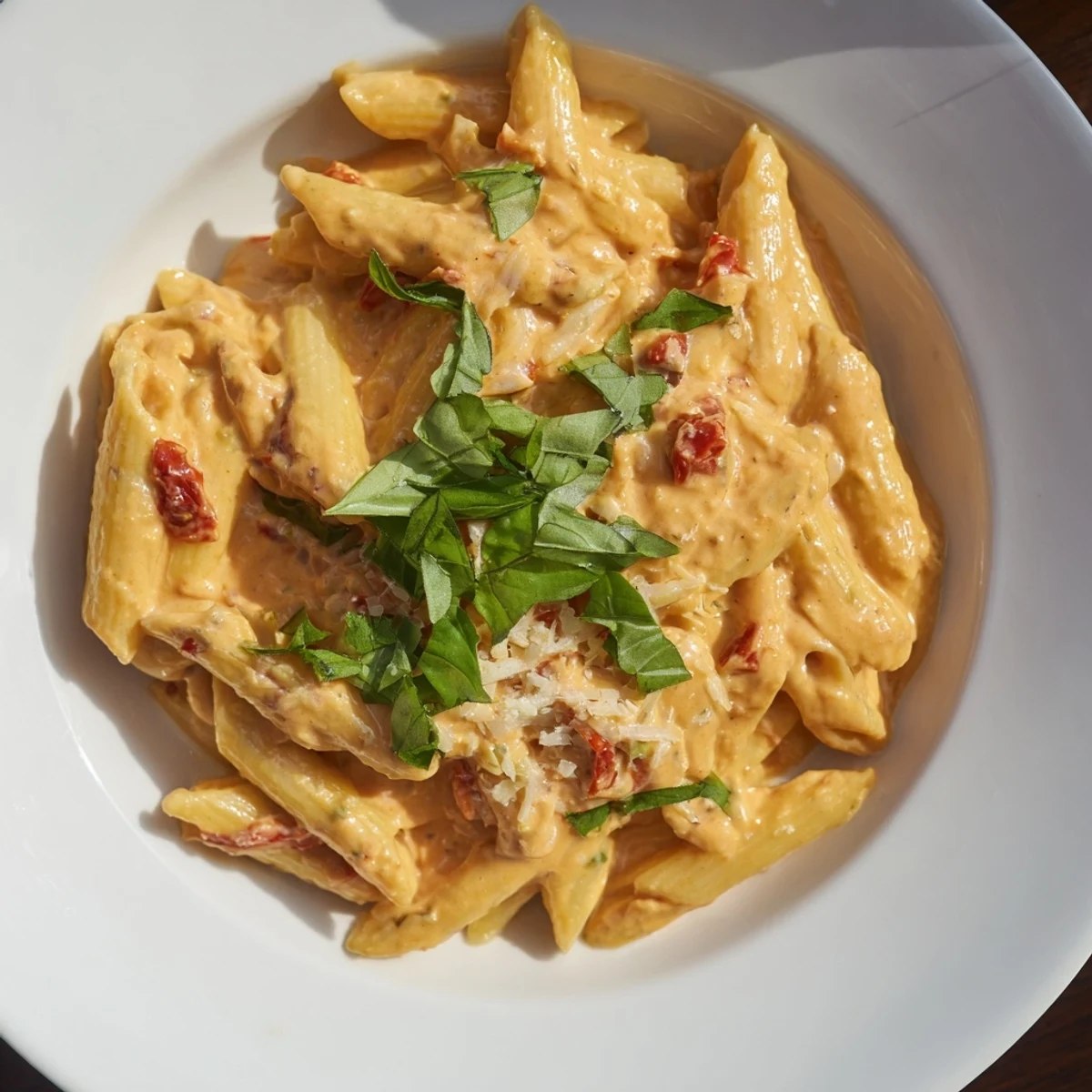 A bowl of Sun-Dried Tomato & Cottage Cheese Pasta Sauce, garnished with fresh basil, smells divine.