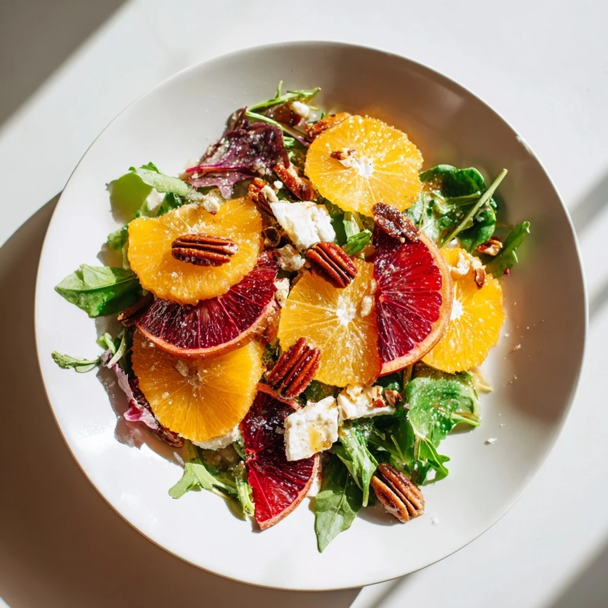 Vibrant Winter Citrus & Candied Pecan Salad, showcasing juicy citrus segments atop fresh greens, perfect for lunch.