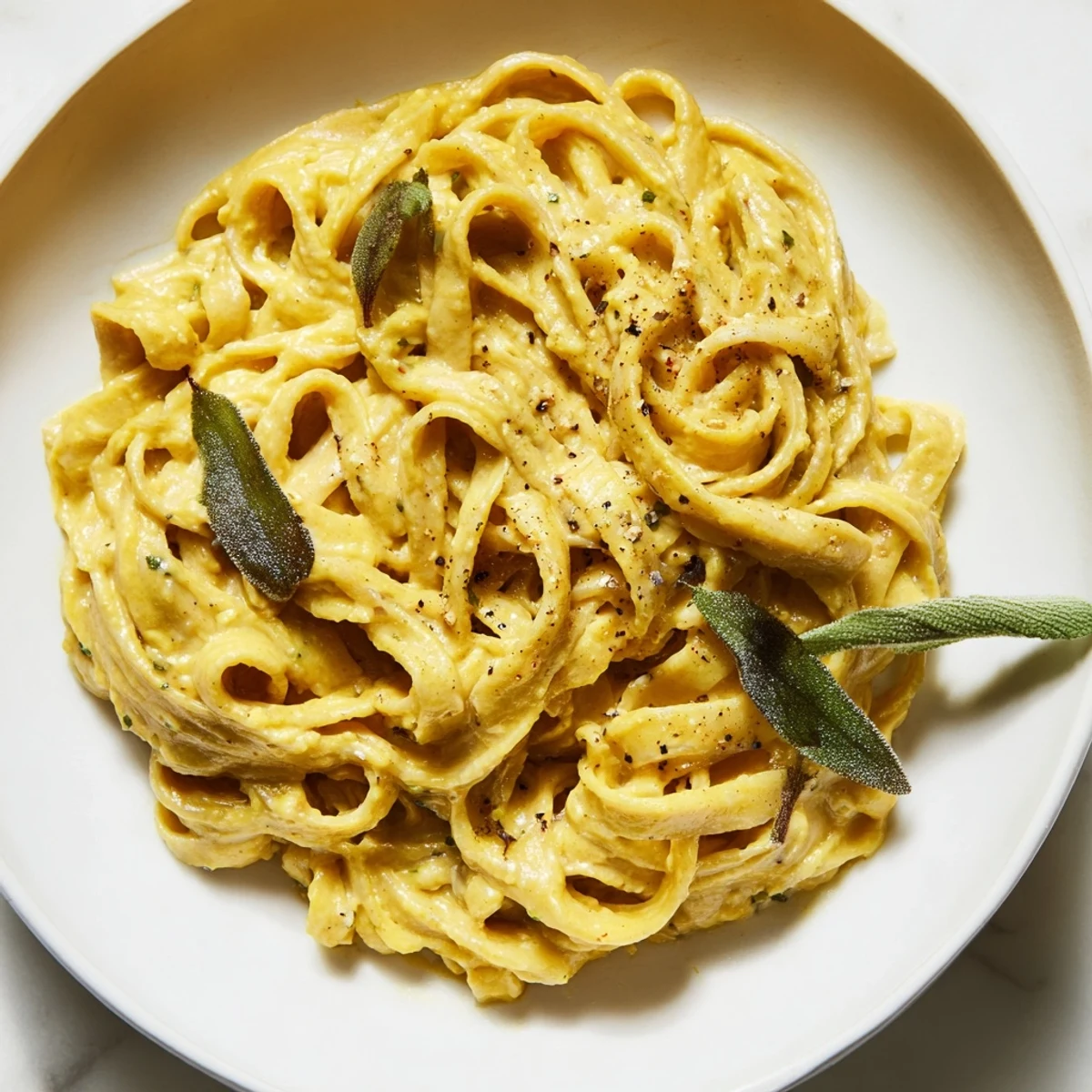 Looking at this photo, imagine this beautiful Healthy Creamy Pumpkin Sage Holiday Pasta served with extra parmesan.
