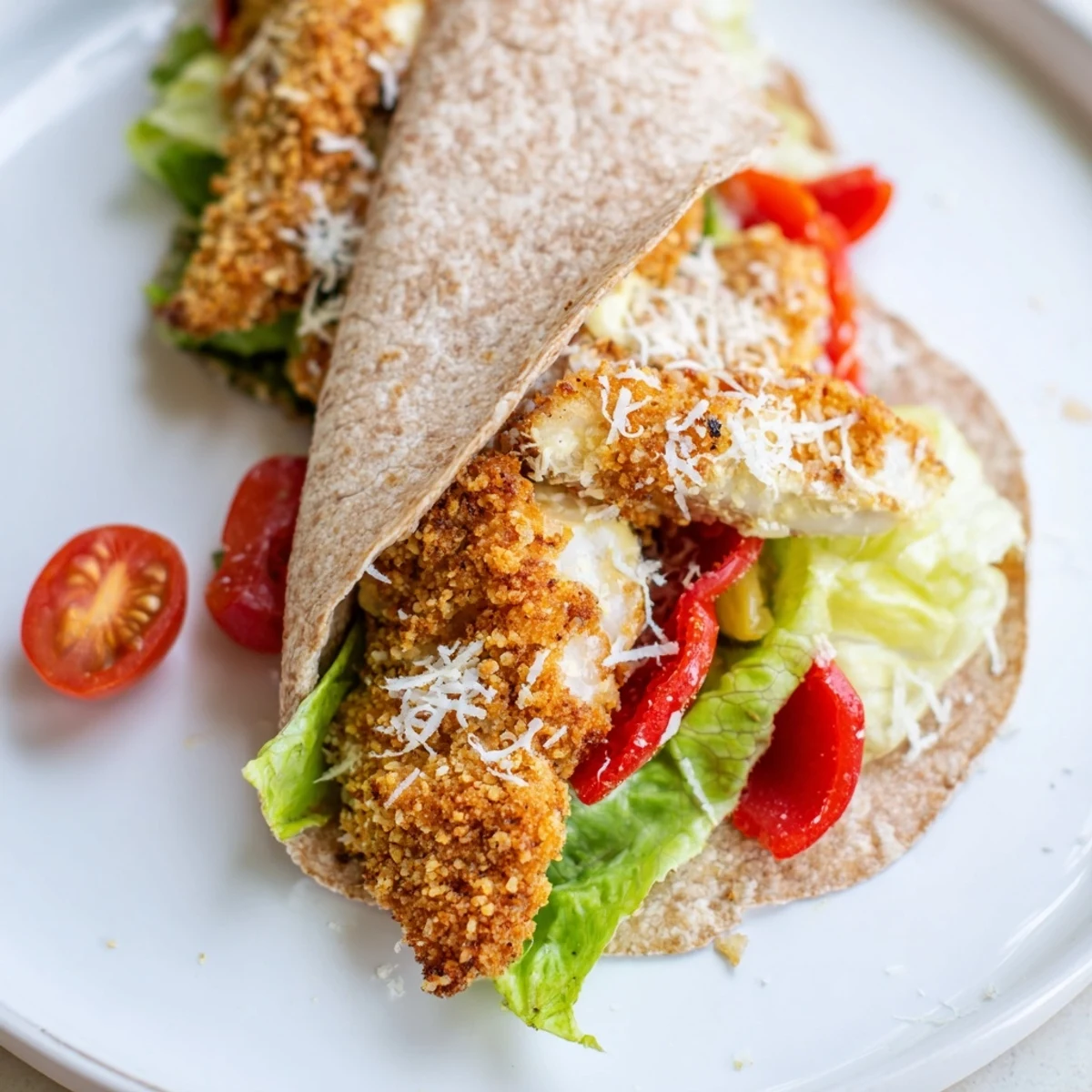 Deliciously arranged Santa Hat Chicken Caesar Wraps showcasing warm tortillas filled with fresh ingredients and crispy chicken.