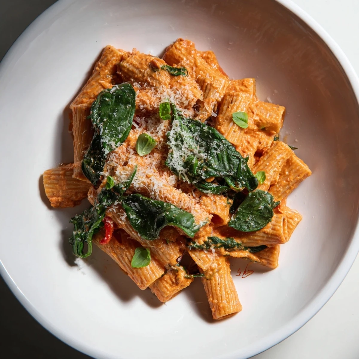 A vibrant top-down view of Lightened-Up Vodka Rosé Christmas Pasta, ready to serve with fresh basil and Parmesan cheese.