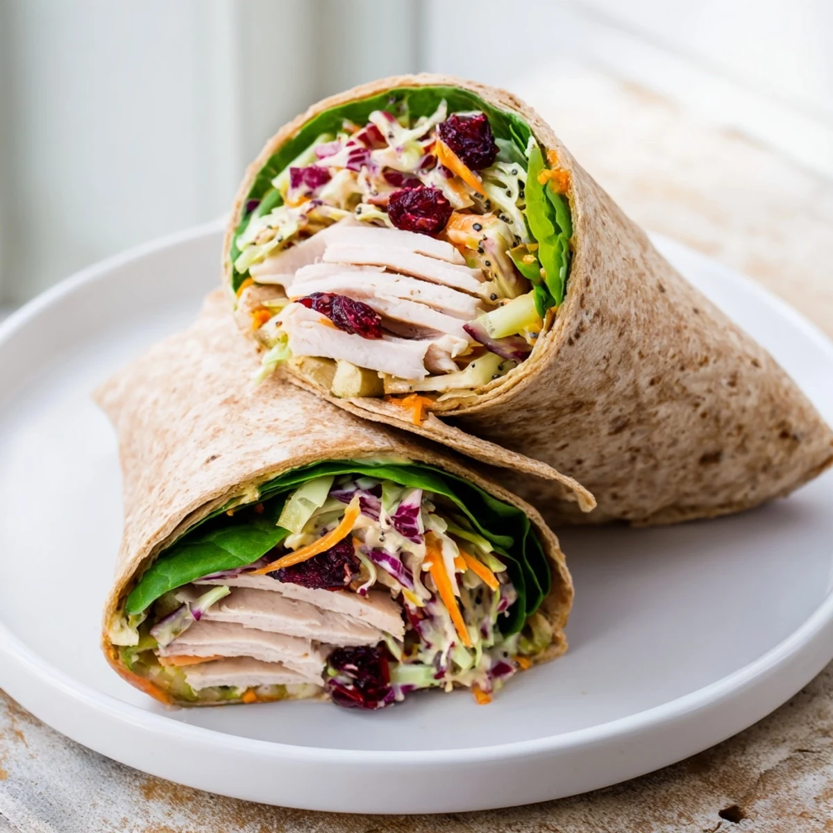 A close up of ready-to-eat cranberry apple slaw turkey wraps, perfect for lunch or picnics.