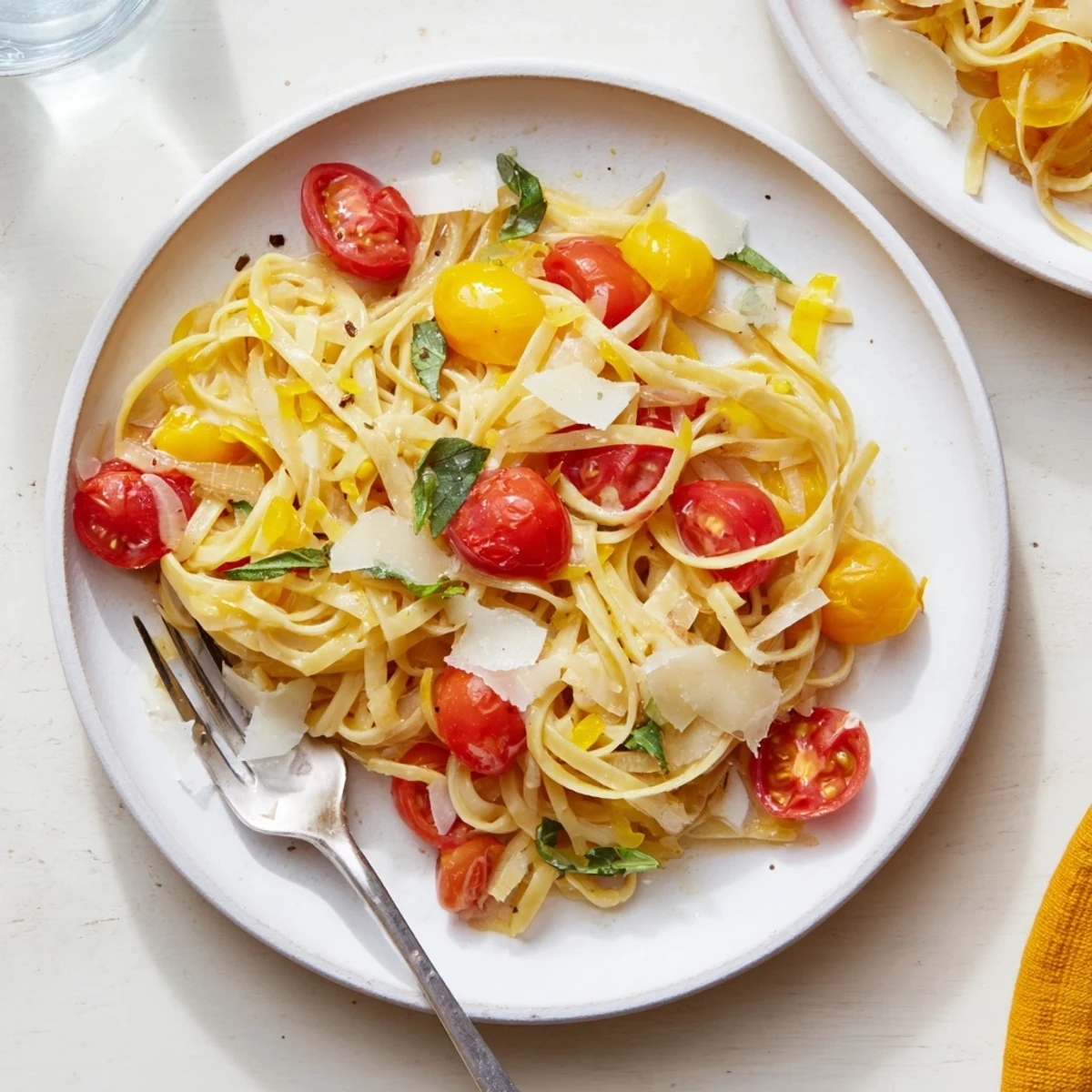 This image shows a close-up of the delicious Cozy Fireplace One-Pan Tomato Basil Pasta ready to savor.