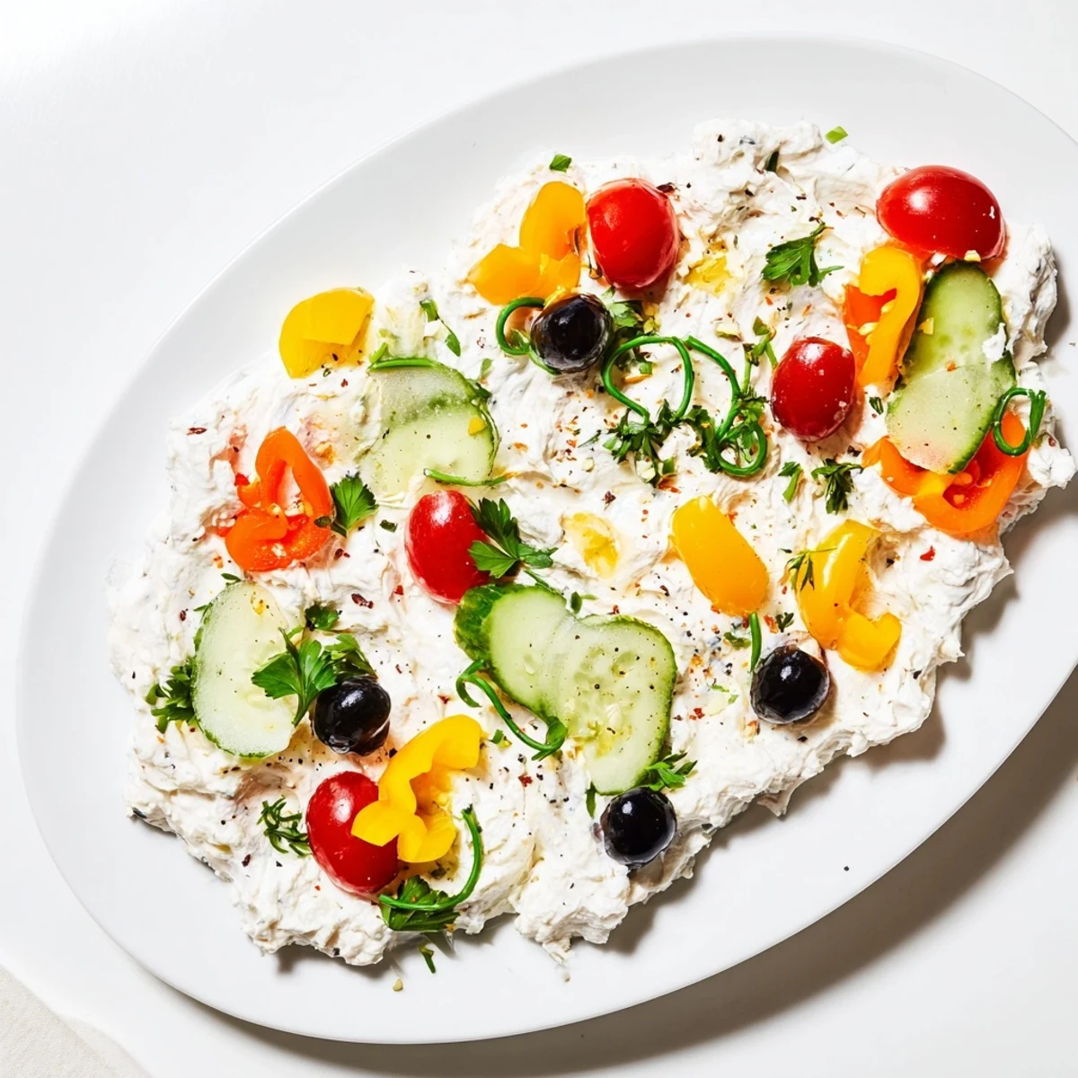 Festive Christmas Lights Appetizer Spread with colorful bell peppers and olives on a creamy cheese base.
