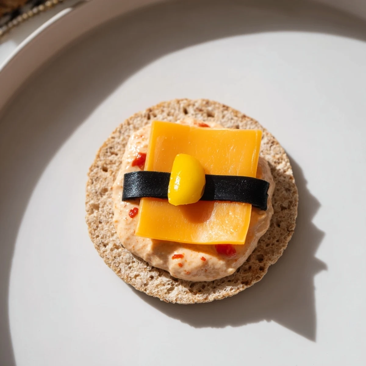 Santas Belt Crackers & Dip, a festive appetizer featuring creamy red pepper dip and cheese crackers.