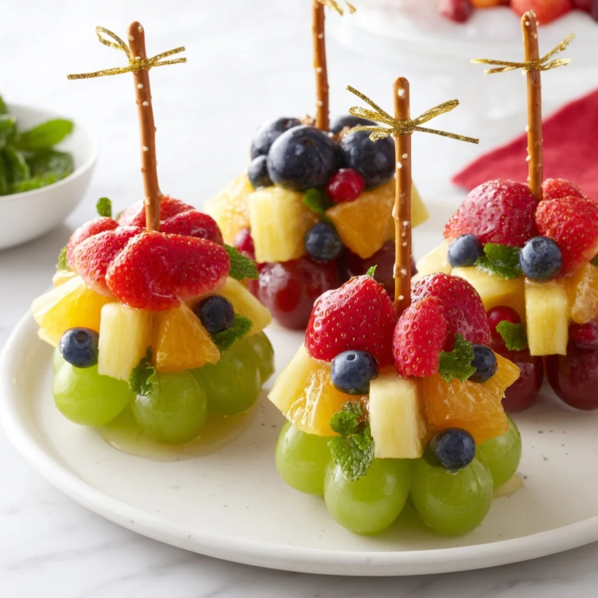 Festive Ornament Fruit Medley, a colorful platter showcasing holiday fruit decorations, ready to enjoy.