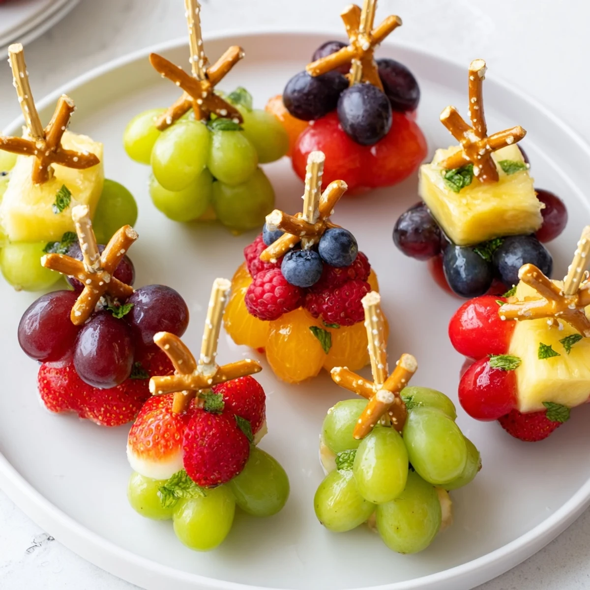 Fresh, vibrant Ornament Fruit Medley, featuring strawberries and grapes, perfect for a healthy holiday dessert.