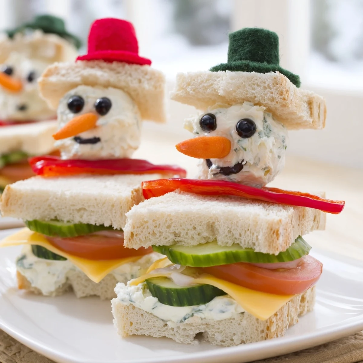 Snowman Sandwich Stack, a festive arrangement of bread, cheese, and colorful veggie decorations.