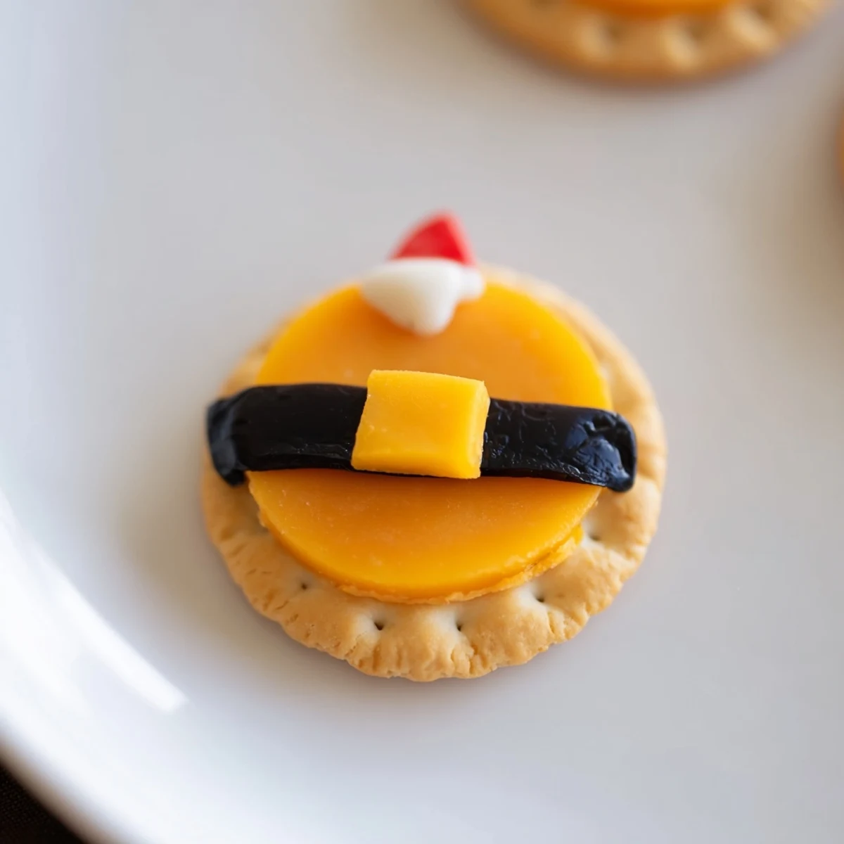 Festive Santa's Belt Crackers, buttery and topped with cheese and olive belt details, served with creamy dip.