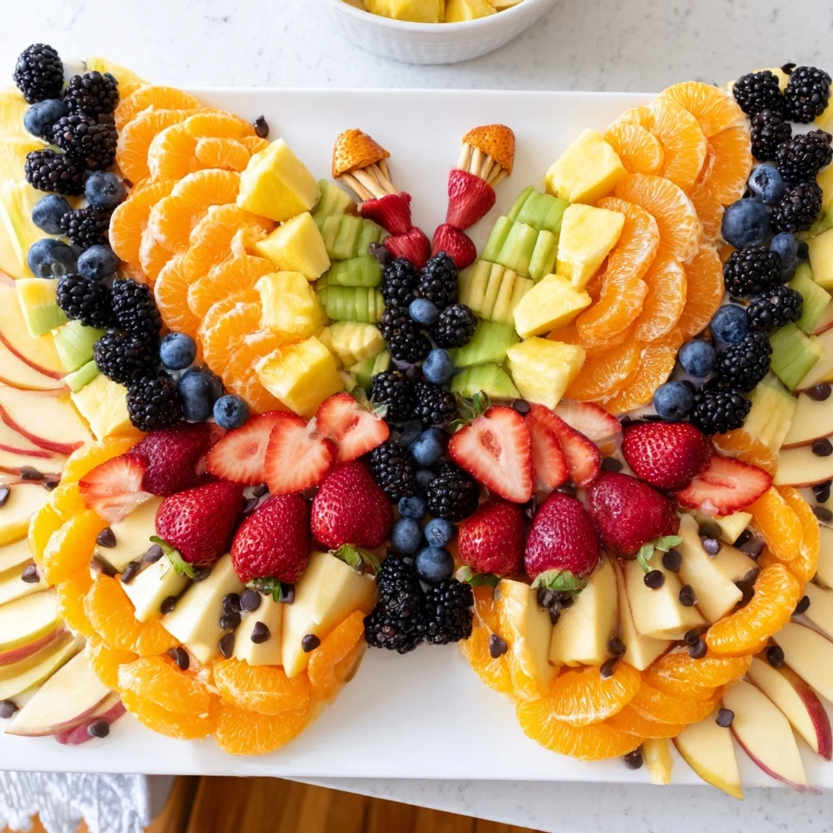 Beautifully arranged Monarch Magic Fruit Butterfly Tray, a healthy snack with oranges, grapes, and pretzel antennae.