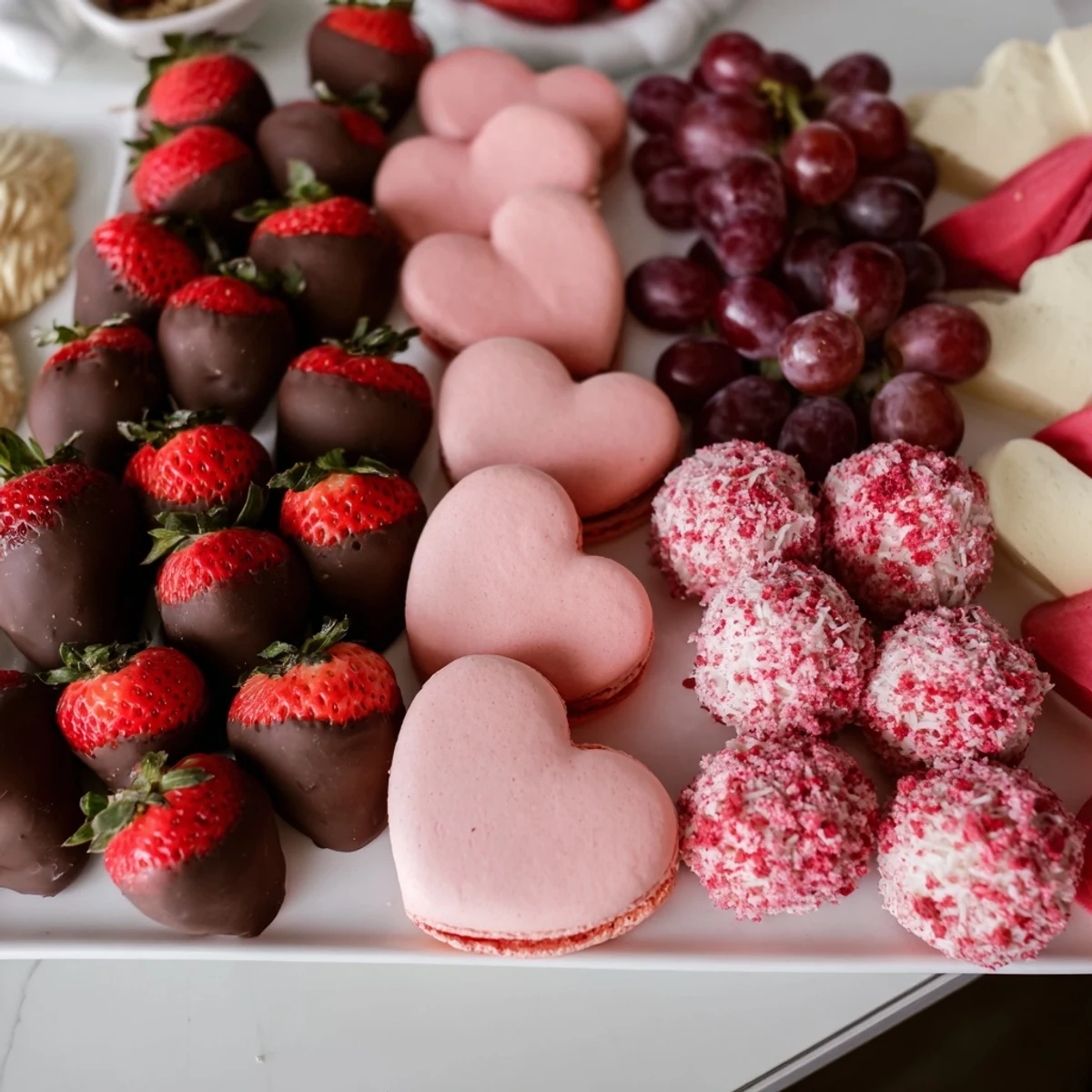 Beautifully arranged Sweetheart Valentine's Day Board showcasing heart-shaped chocolates, fresh fruits and tempting macarons.