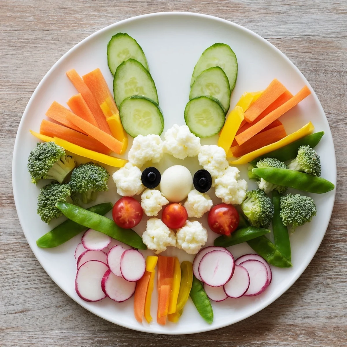 Colorful Easter Bunny Spring Platter brimming with fresh veggies, dips, and gluten-free snacks.