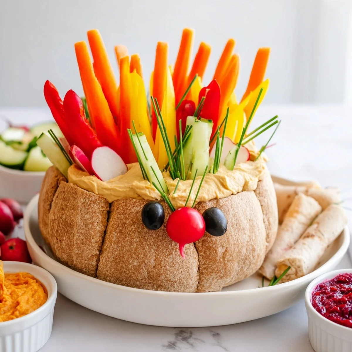 A visually appealing Autumn Hedgehog Dip Platter, with creamy textures and fresh veggies ready for dipping.