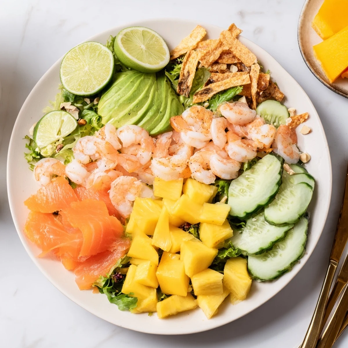 A beautifully arranged Tropical Wave Tasting Platter featuring shrimp, pineapple, and a creamy coconut yogurt drizzle.