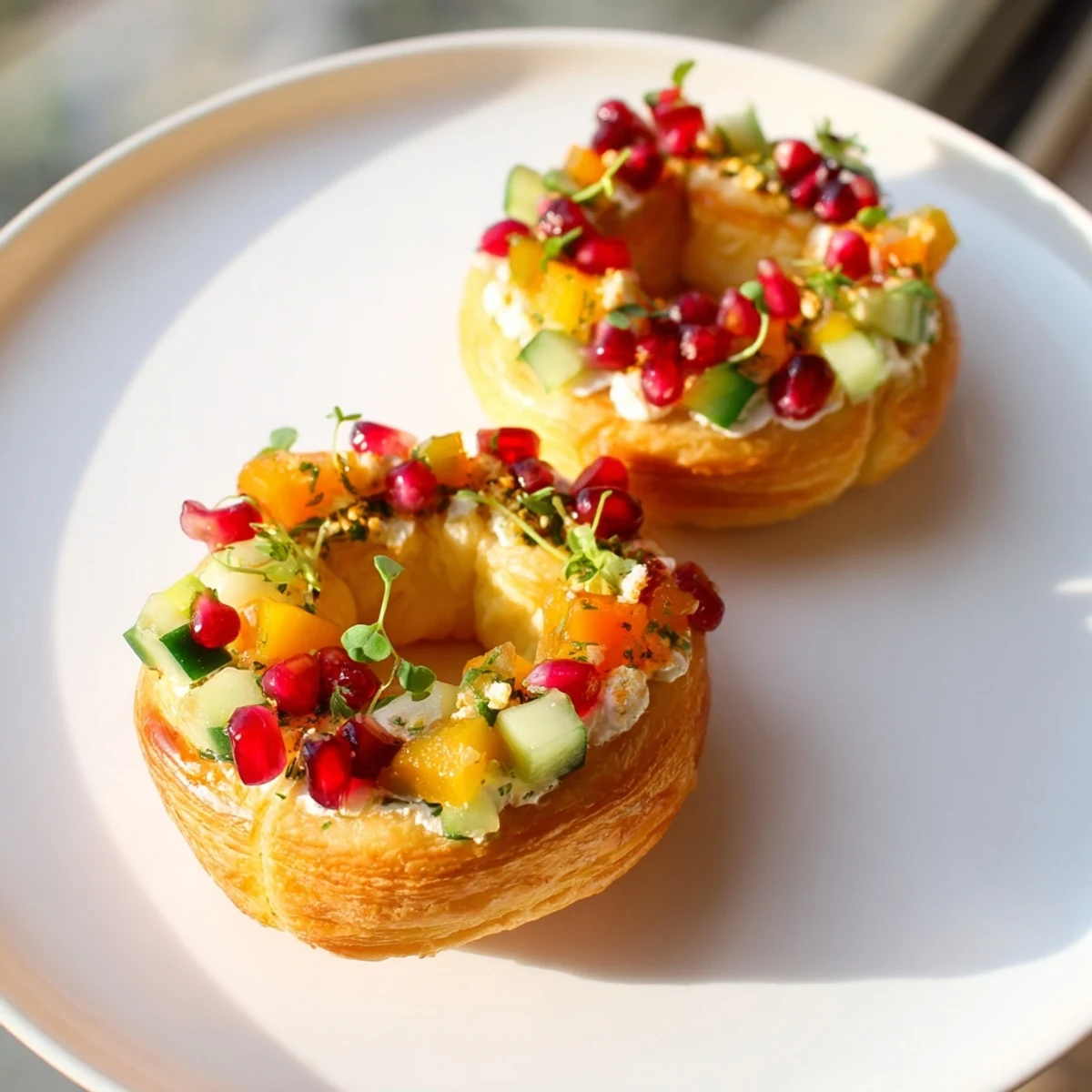 Golden Savory Tartlets, mini appetizers with creamy cheese and colorful vegetable garnish, ready to eat.