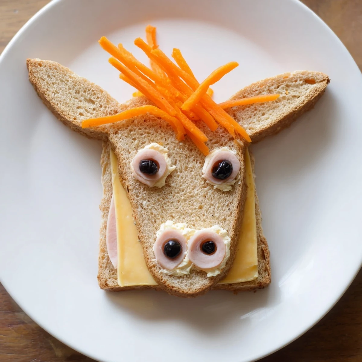 Brightly colored Horse Head Sandwich cutouts filled with cheese and turkey, ready to eat.