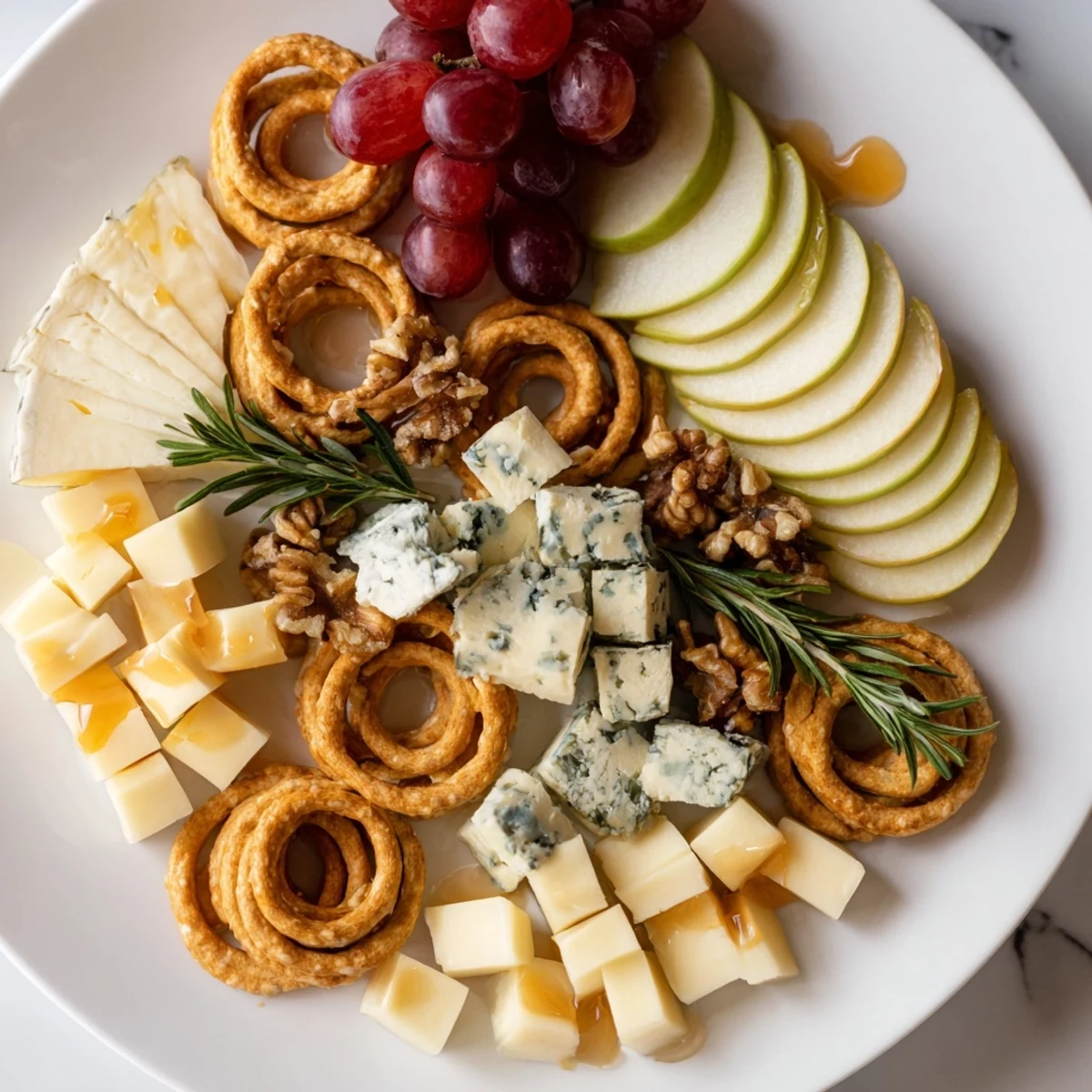 A beautifully arranged cheese plate, featuring assorted cheeses and crispy cracker rings, ready to enjoy.