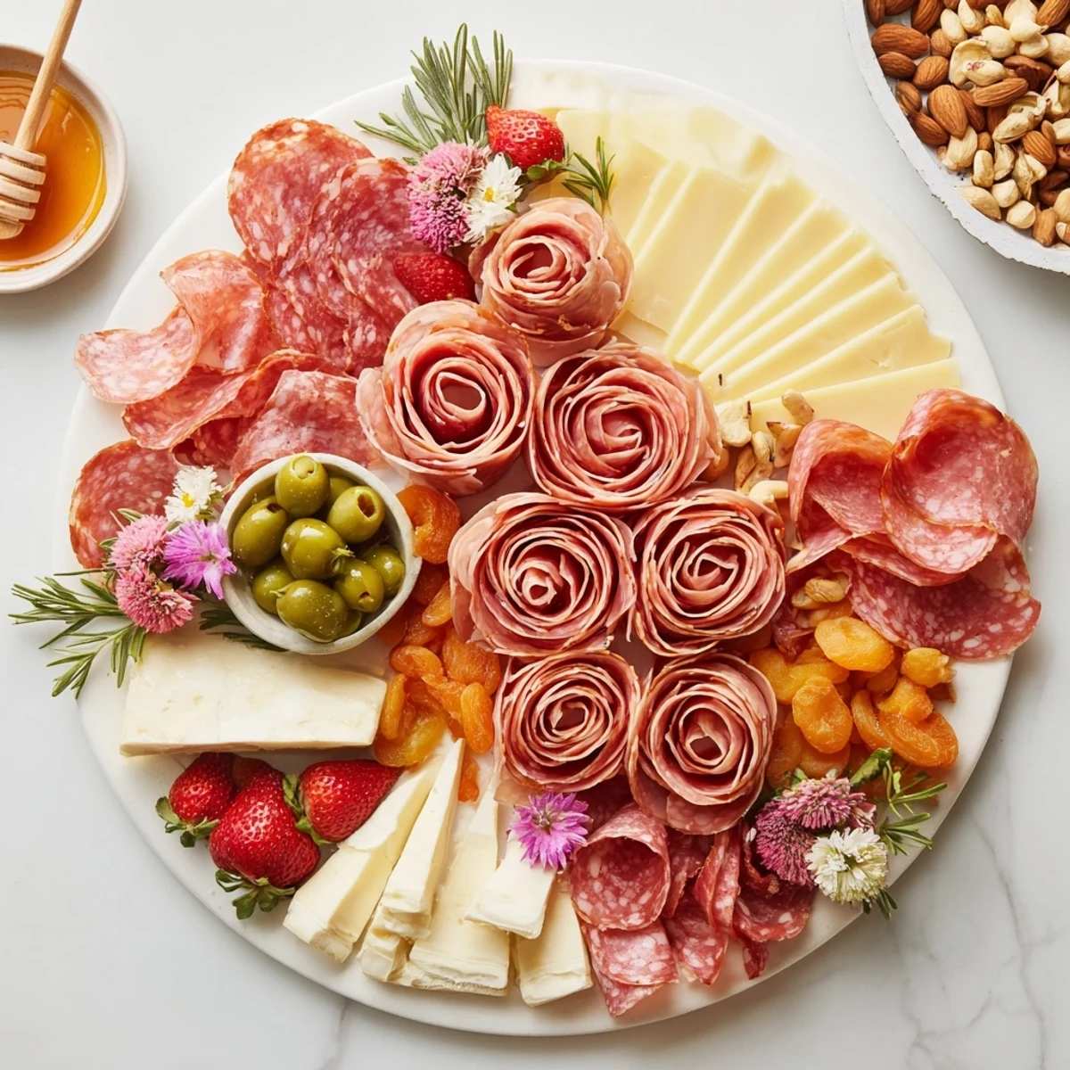 Elegant Meat and Cheese Rose Garden Board presentation, showcasing a delicious appetizer with various cheeses and garnishes.