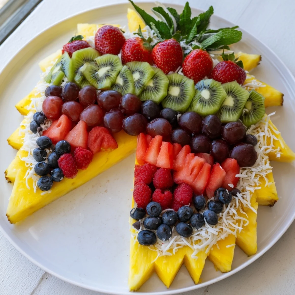 Vibrant Birthday Board: a colorful cake slice fruit platter, bursting with fresh berries and tropical sweetness.
