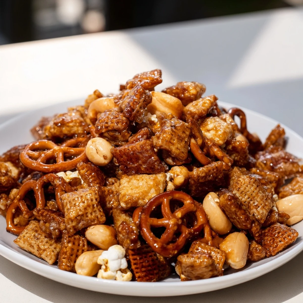 Golden-brown Party Mix glistening from its sweet cider glaze creates a perfect snack.