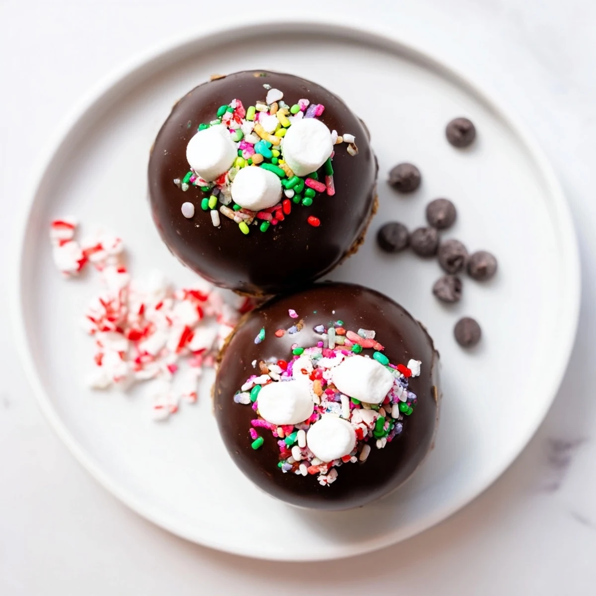 A festive display: decadent Hot Cocoa Bomb creations ready for topping with festive sprinkles.