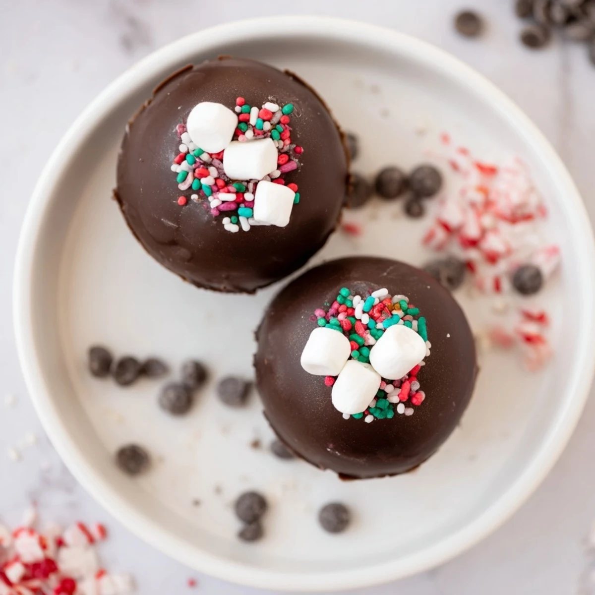 Imagine rich chocolate Hot Cocoa Bombs melting into hot milk with a rainbow of toppings on display.