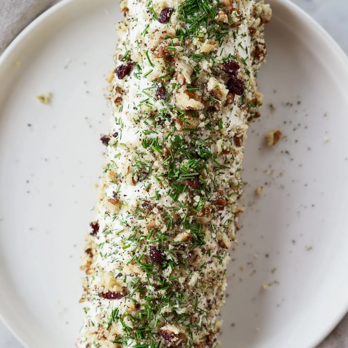 Winter Snowdrift Goat Cheese Log: A close-up of the festive appetizer with a creamy, herbed coating.