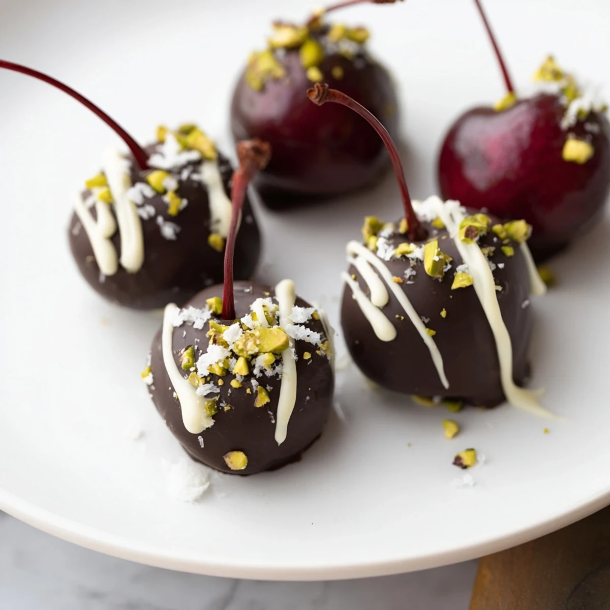 This chocolate-covered cherry dessert bites image shows a beautiful arrangement ready for serving.