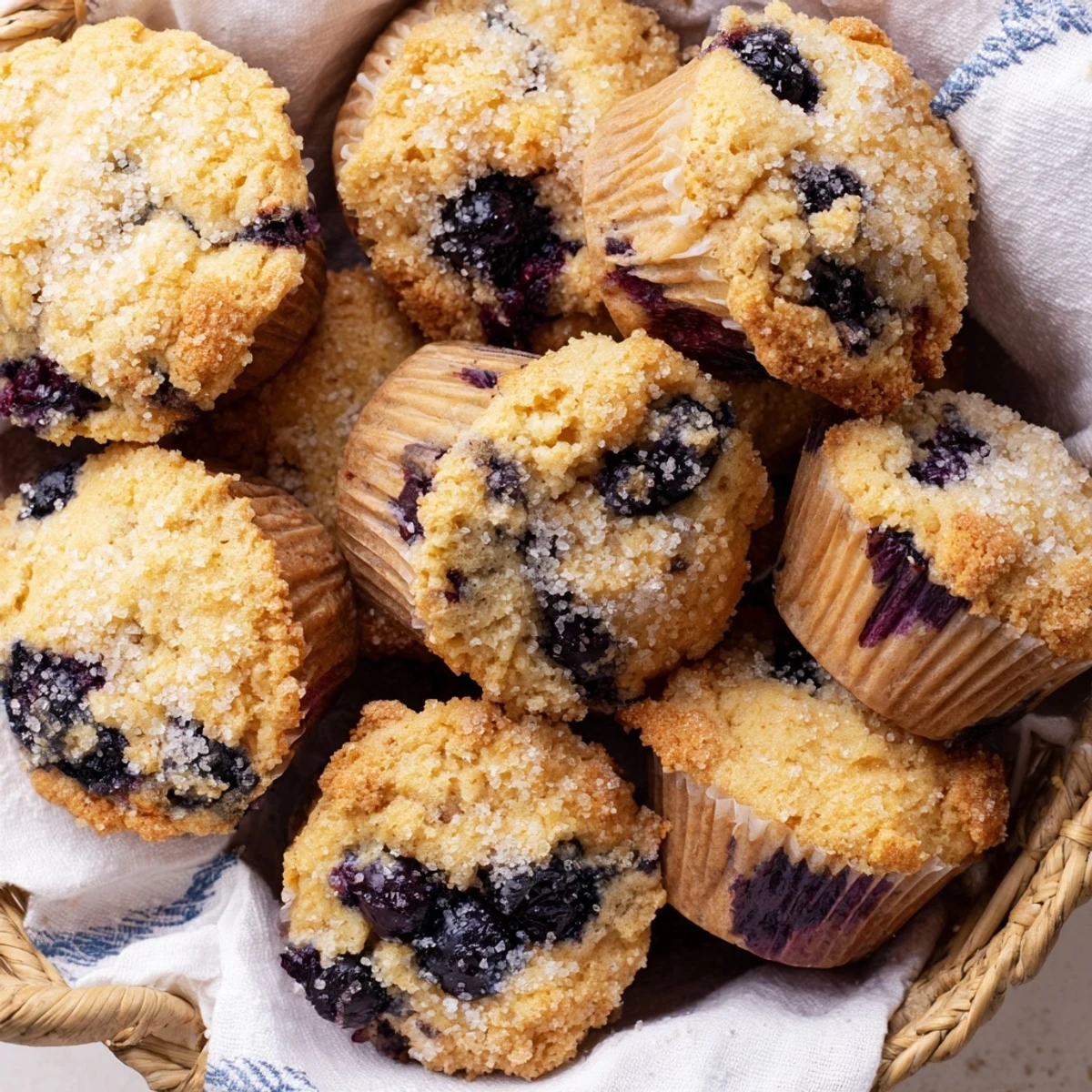 Freshly baked mini blueberry muffins in a basket, perfect for a cozy brunch spread.