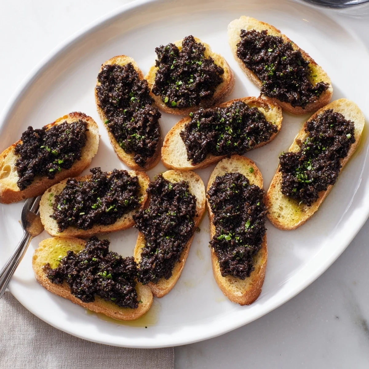 Golden crostini topped with vibrant black olive tapenade, a flavorful appetizer perfect for sharing.