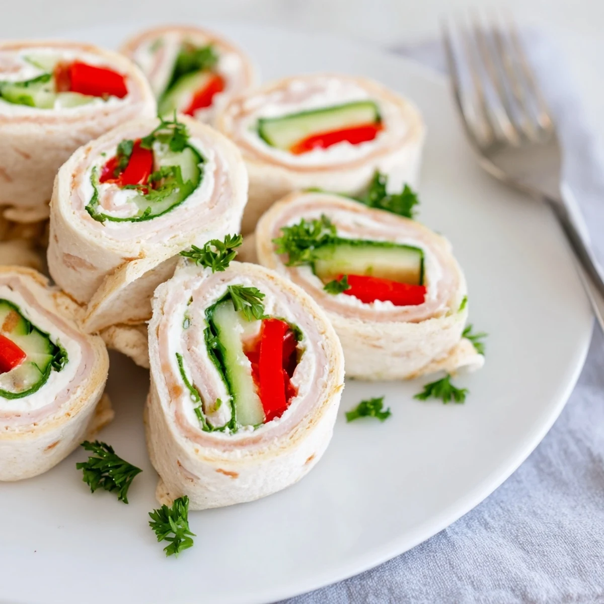 Sliced turkey roll-ups, light and refreshing, arranged neatly on a platter, ready to serve.