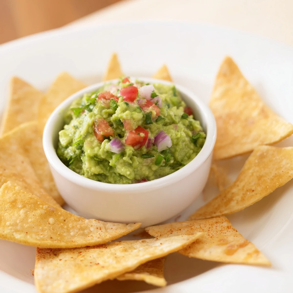 Close-up of a pita chips and guacamole bowl, showcasing the fresh ingredients and textures ready to enjoy.