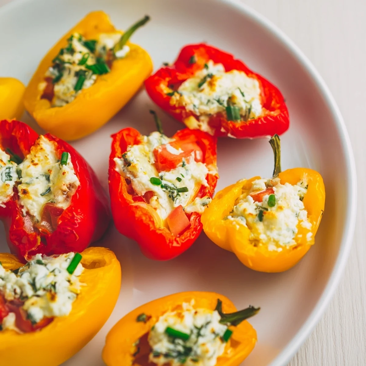 Creamy, herbed feta filling overflowing the bright mini bell pepper halves, a Mediterranean delight.