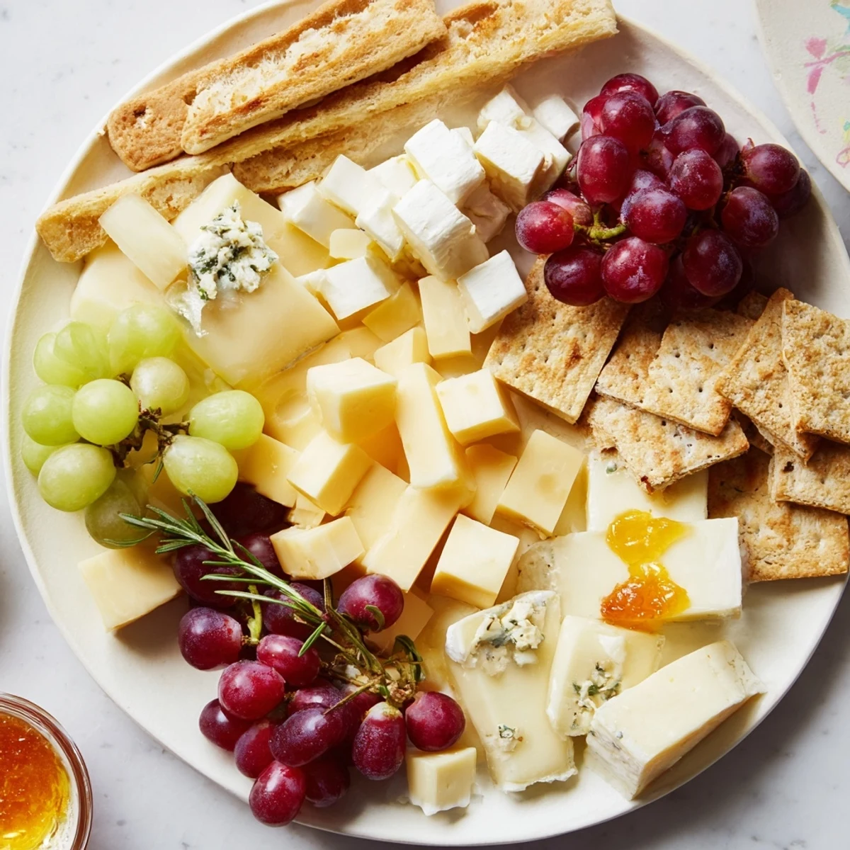 A beautiful Housewarming Open House Spread overflowing with cheeses, crackers, and colorful seasonal fruits.