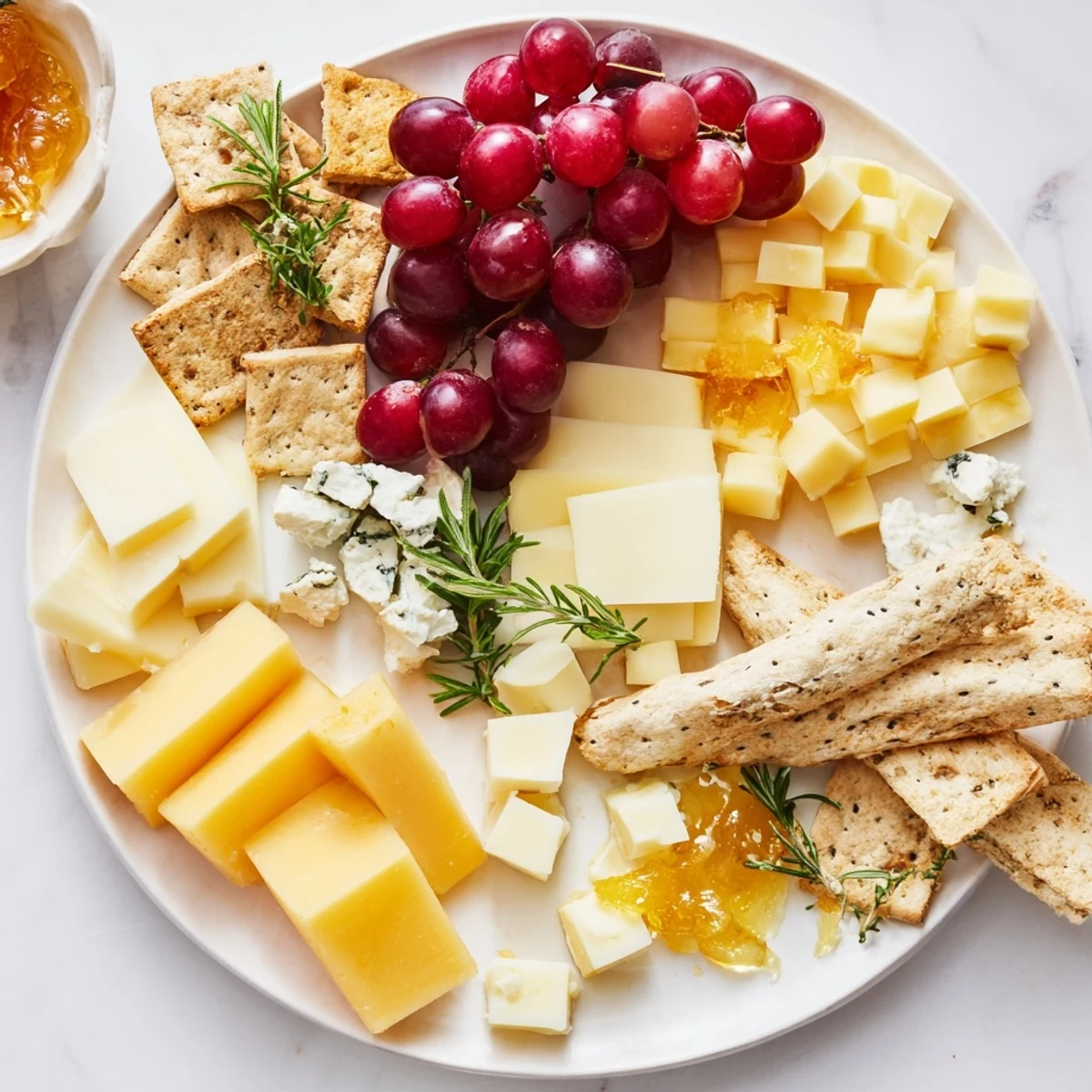 This easy Housewarming Open House Spread offers savory crackers, sharp cheddar, creamy Brie, and sweet grapes.