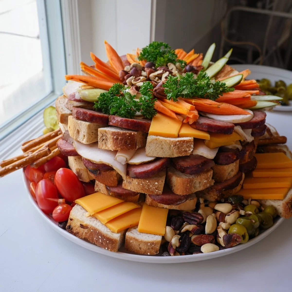 A loaded Tailgate Party Power Stack with layers of meats, cheeses, and crunchy crackers for easy snacking.