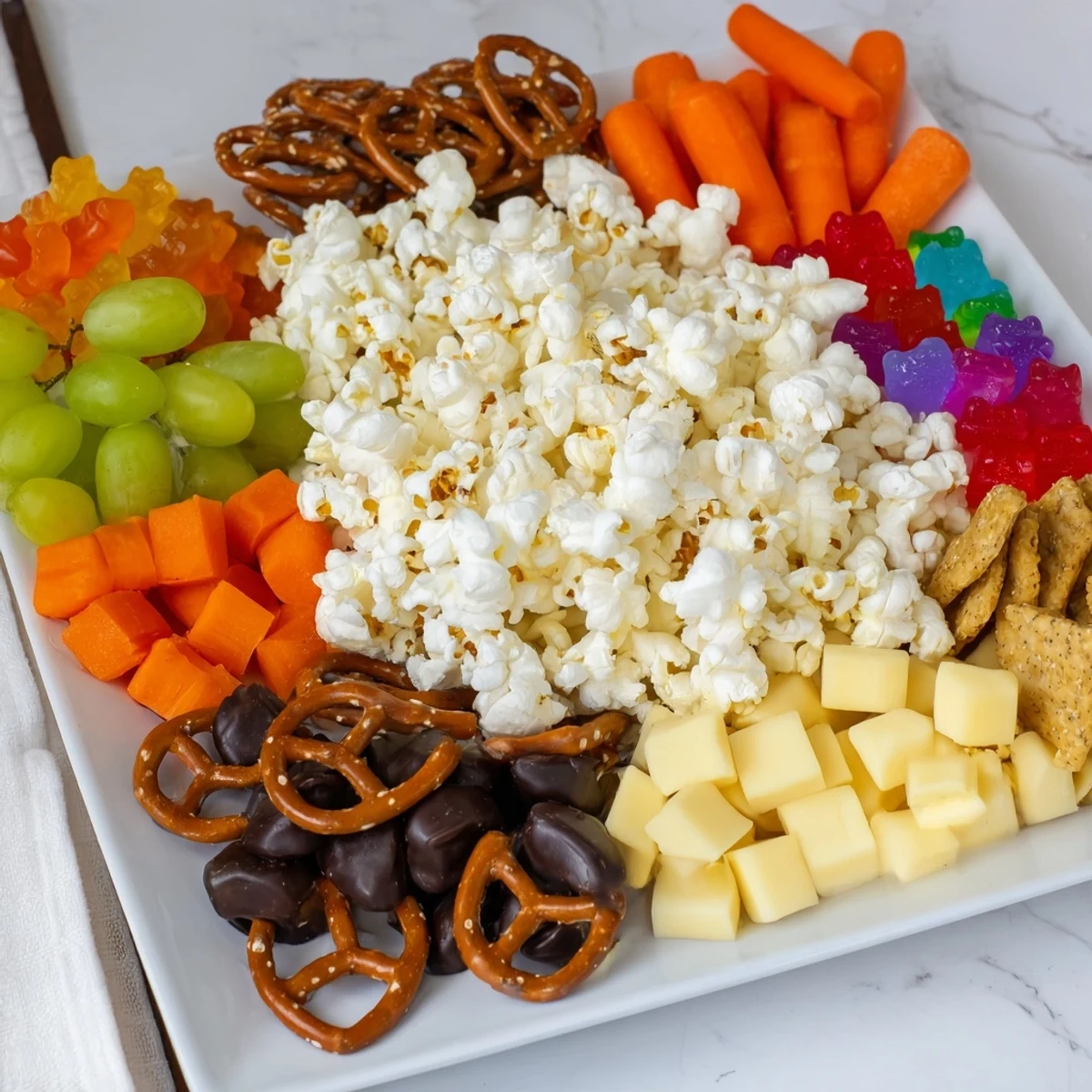 A colorful Movie Night Munchie Board featuring popcorn, cheese, pretzels, and fresh grapes; perfect for sharing.